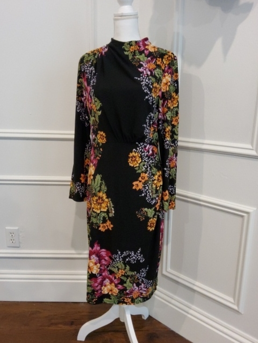 London Times Black Floral Long-Sleeve Midi Dress with Pink and Yellow Blooms